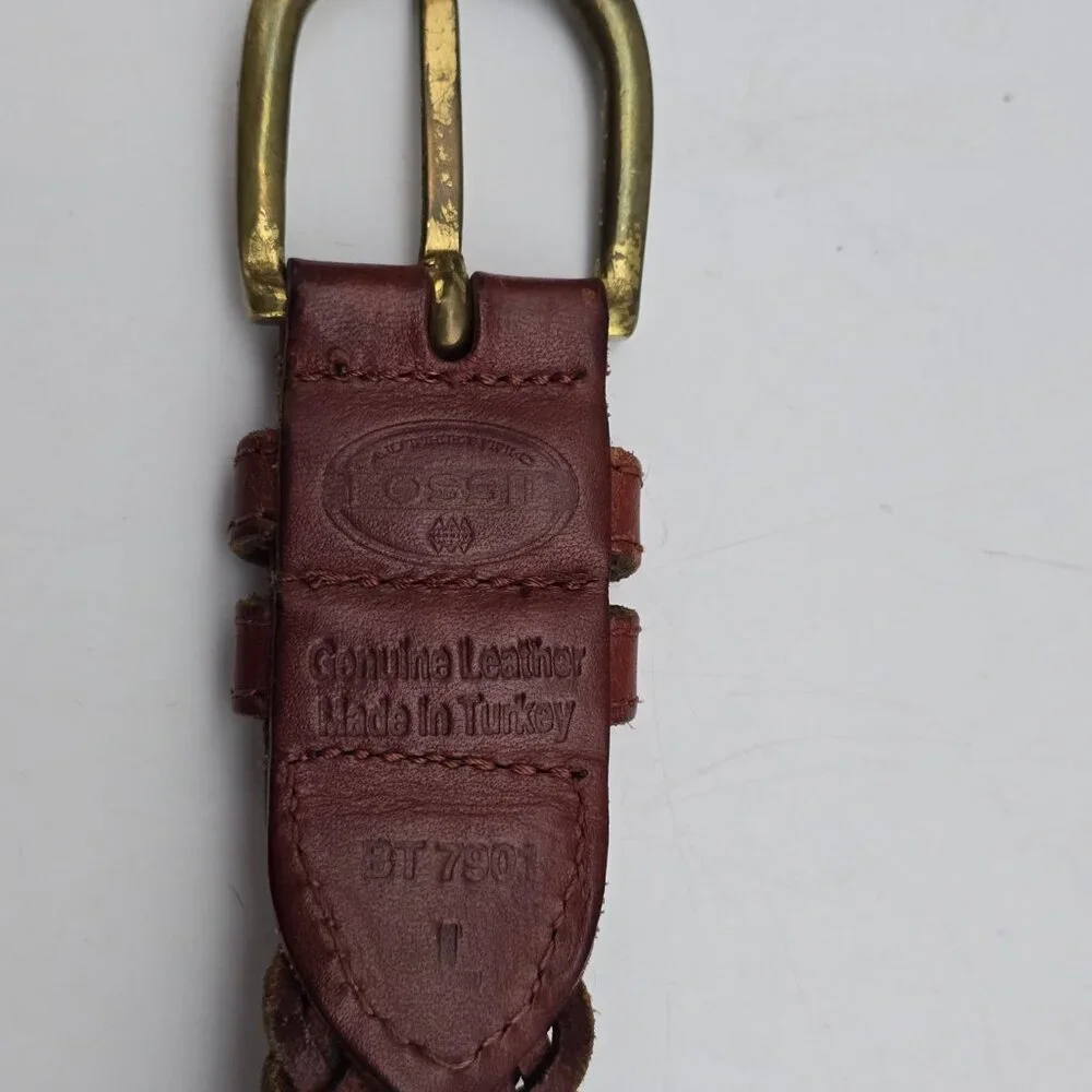 Fossil Braided Genuine Leather Women's Belt L‎ 38 Double Keeper Brown BT7901